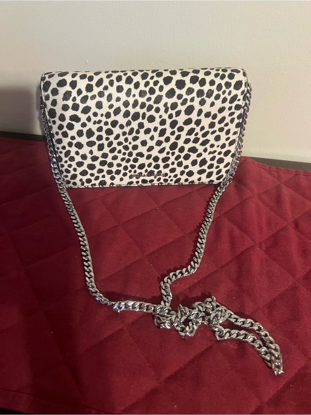 Michael Kors Black And White Dalmatian Print Crossbody With Silver Chain